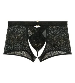 WOH Pure Seduction Noir - Black Floral Lace and Tulle Sexy Boxer String with Gold Ring -Lingerie Sipp woh pure seduction boxer string noir 1
