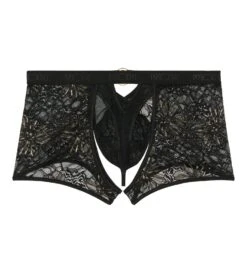 WOH Pure Seduction Noir - Black Floral Lace and Tulle Sexy Boxer String with Gold Ring -Lingerie Sipp woh pure seduction boxer string noir 6