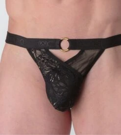 WOH Pure Seduction Noir – Dentelle Florale et Anneau Doré – String Homme Sexy -Lingerie Sipp woh pure seduction g string noir 4